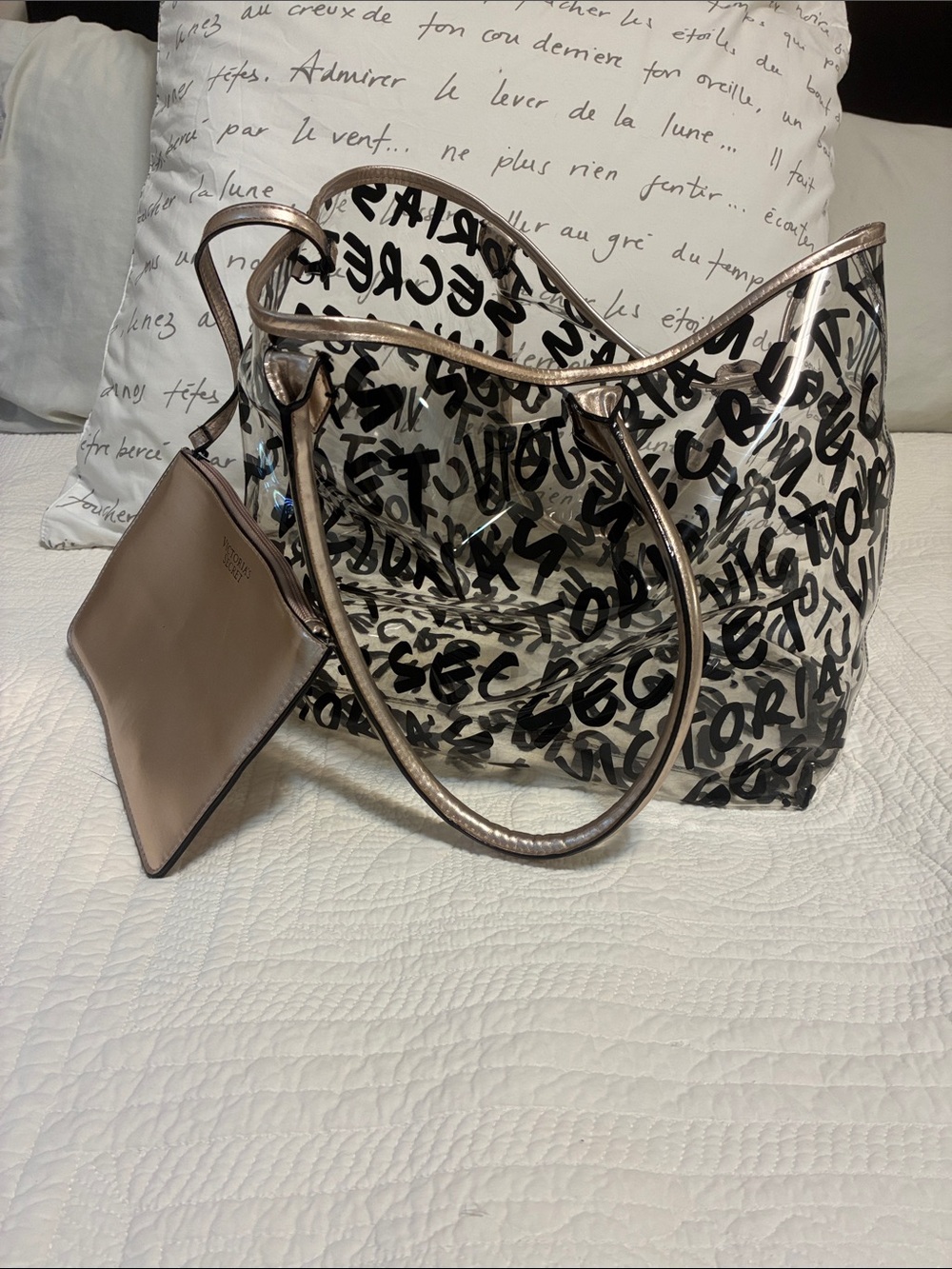 Clear Victoria's Secret Graffiti Tote with Metallic Trim